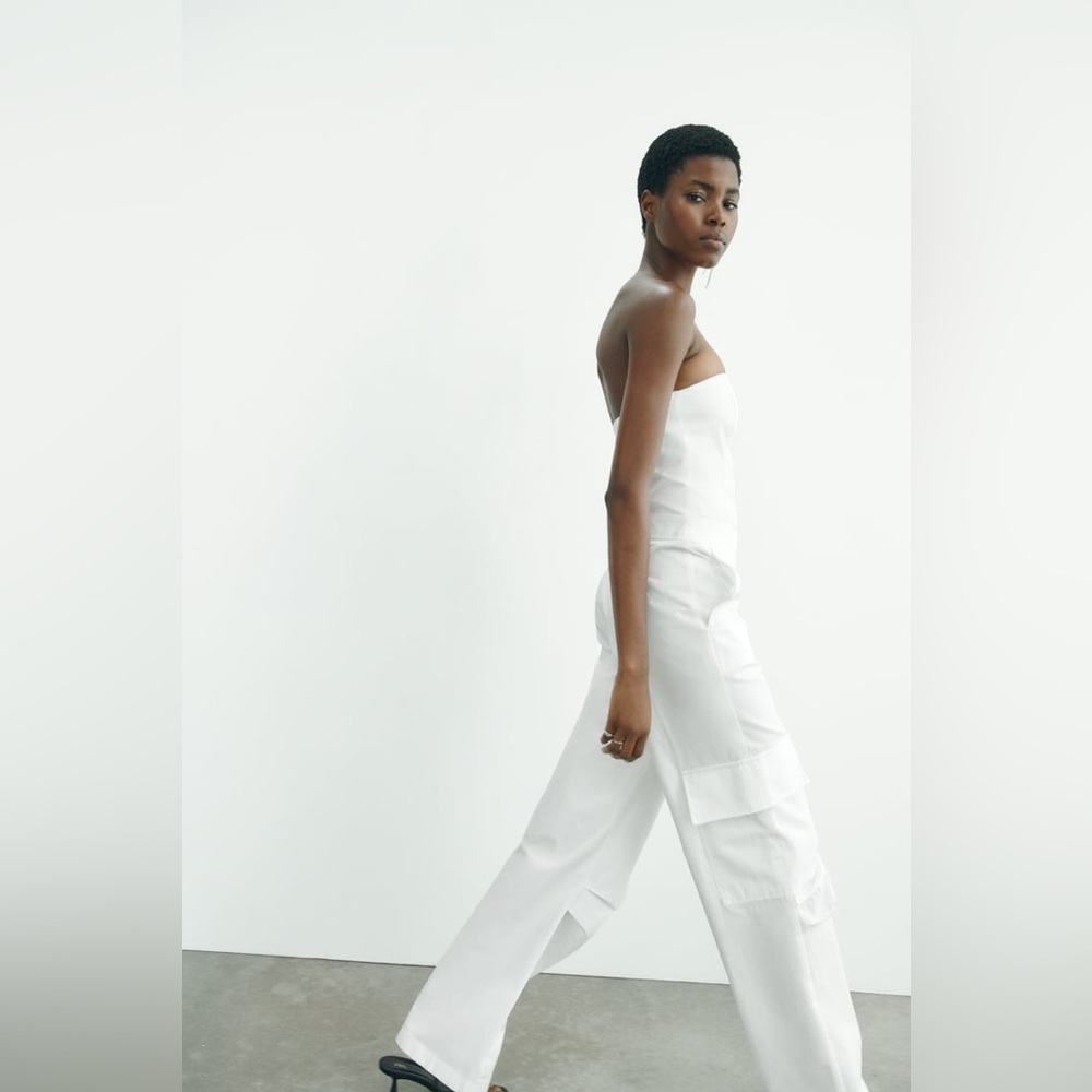 NWT Zara Strapless Wide Leg Cargo Jumpsuit in Off-White - Picture 12 of 16